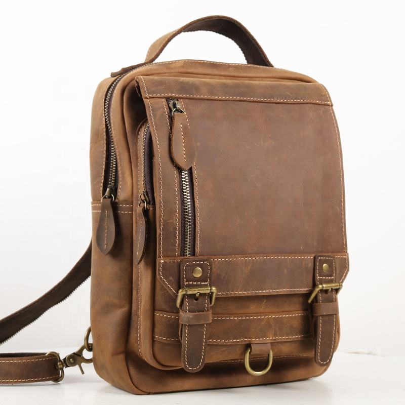CHANGRONG Custom Crazy Horse Genuine Leather Sling Bag Backpack for Men Vintage Fashion Style