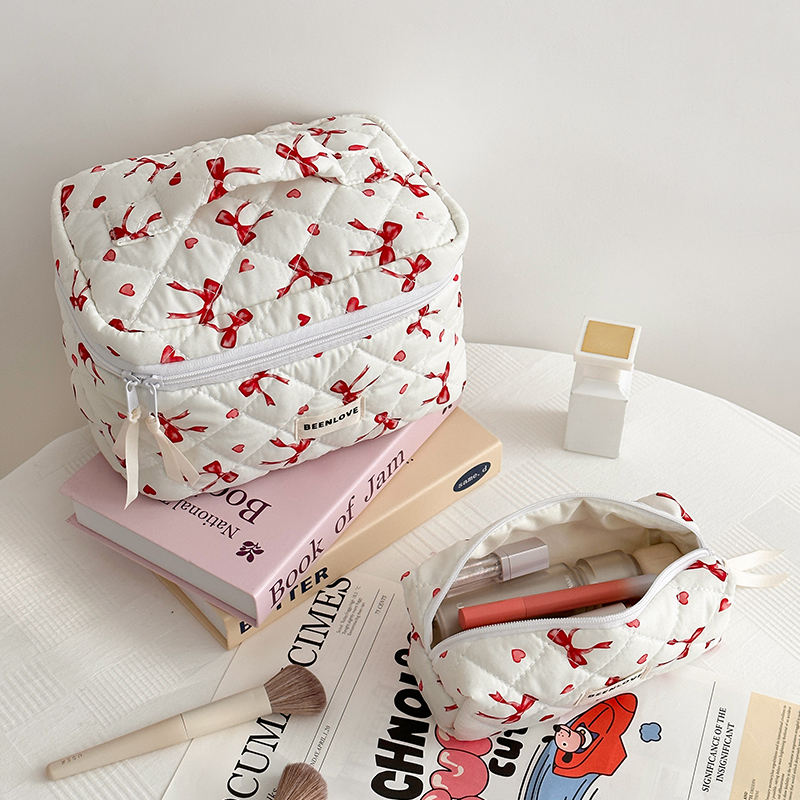 Cotton Bowknot Zipper Fashion Makeup Pouch for Women Quilted for Multi-colors Cosmetic Travel Bag
