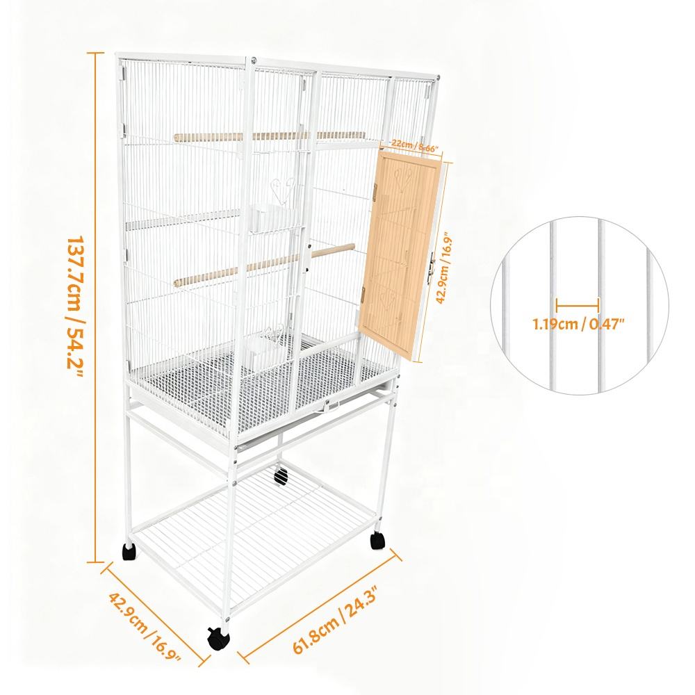 White Tall Wire Bird Breeding Cage Iron Pet Parrot Bird Cage with Tray & Wheels