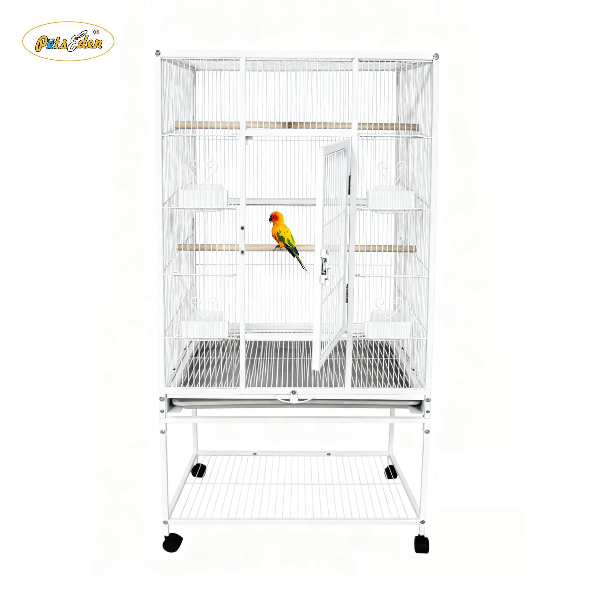 White Tall Wire Bird Breeding Cage Iron Pet Parrot Bird Cage with Tray & Wheels